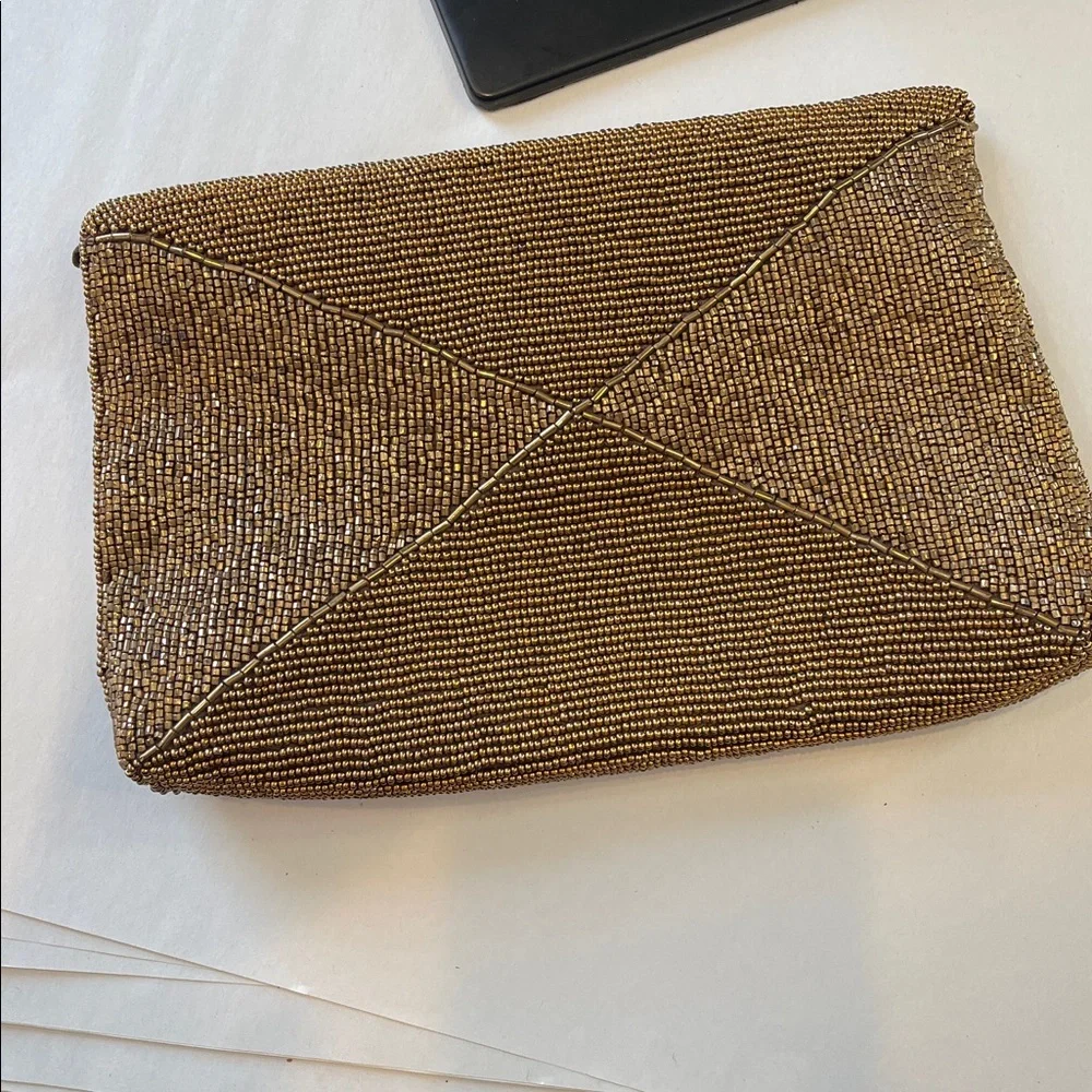 Elegant Brown Beaded Clutch envelope style snap closure